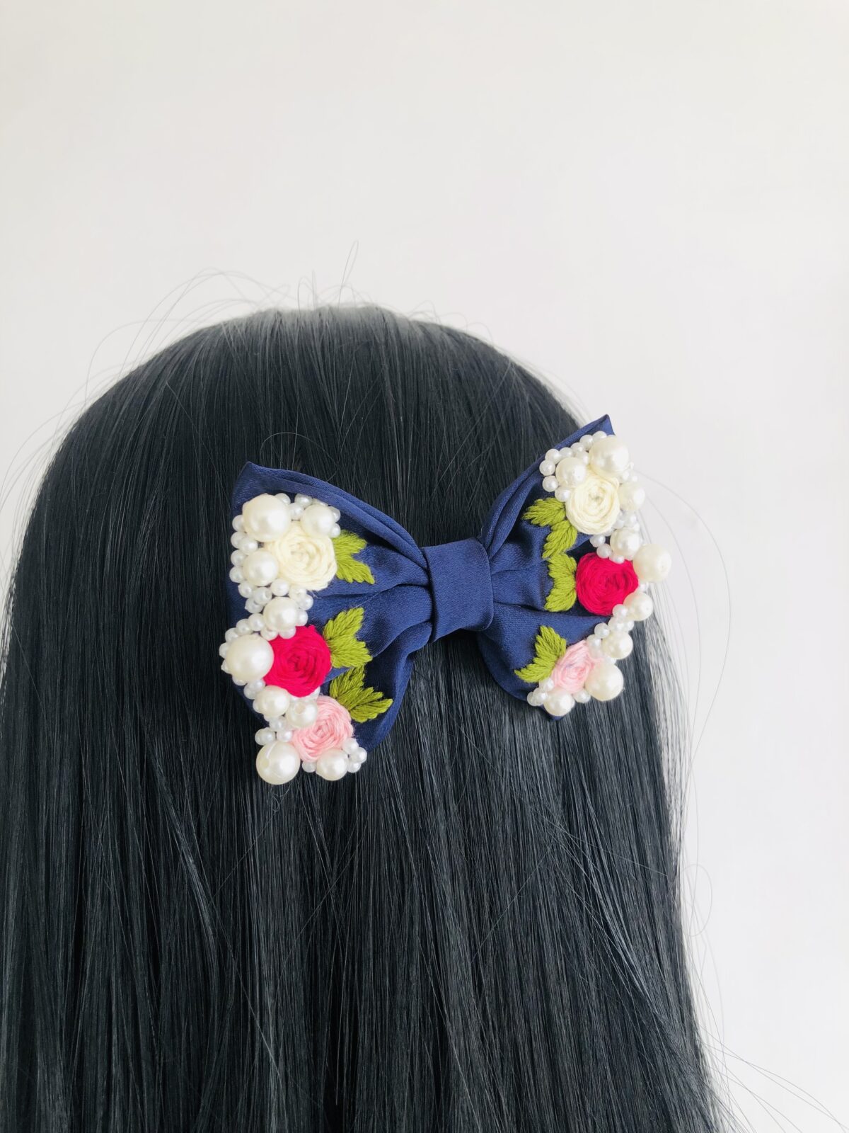 Blue Embroidered Pearl Bow - Image 1