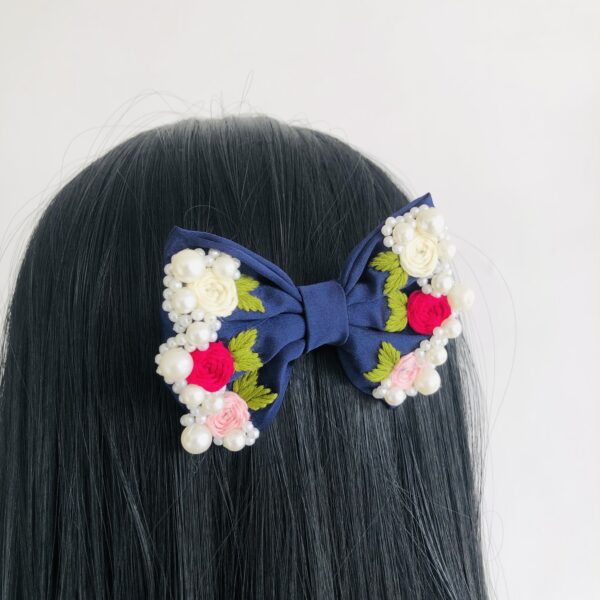 Blue Embroidered Pearl Bow